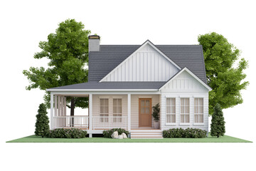 Front view of modern style small cottage house on the green lawn isolated on white background with clipping path 3d render There are white plank wall gray roof tile surrounded by nature