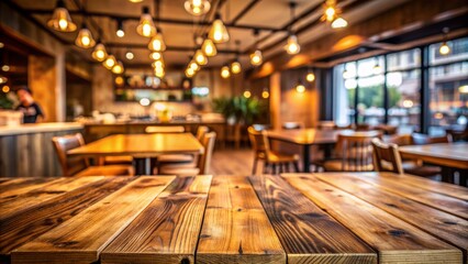 Rustic wooden table stands out against blurred background of warm-toned eatery, empty and inviting with ample copy space available.