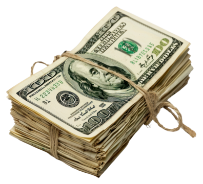 PNG Bundle of money with a dollar investment currency banknote.