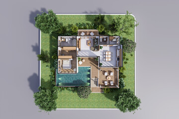 3d render floor plan of modern contemporary house with green garden isolated on gray background with clipping path