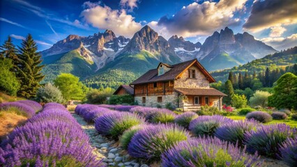 Rustic village house nestled near majestic mountains beneath a brilliant blue sky with a lush lavender garden in the foreground.