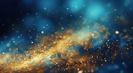 Obraz premium Illustrative depiction of an abstract backdrop featuring a blend of blue hues and golden splatters, embodying a luxurious blue texture concept.