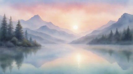 A painting of a serene lake at dawn, mist rising from the water, distant mountains in the background.