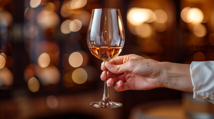 Close-up of a hand holding a wine glass filled with wine against the background of a winery. A filled wine glass in hands against the backdrop of a wine cellar. Concept of winemaking, drinks.