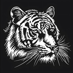 Fototapeta premium Hand drawn tiger silhouette in a minimal style. Black and white graphic illustration isolated on white background