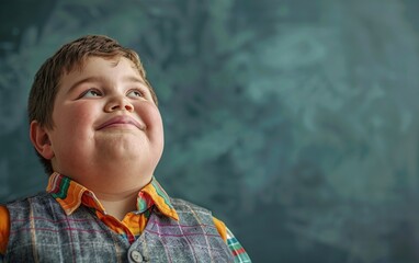 Chubby schoolboy in front of school blackboard in the classroom. Empty space to add text. Ai generative