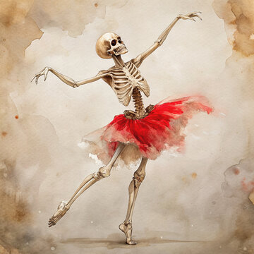 A skeleton dances in tattered clothes. Ballet. watercolor