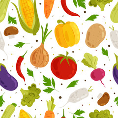 Seamless pattern with different vegetables on white background. Seasonal vegetables in flat style. Healthy food.  Pattern for textile, wrapping paper, background.