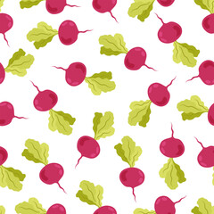 Seamless pattern with beets in flat style on white background. Healthy food. Cartoon beet in flat style.  Raw root vegetable. Pattern for textile, wrapping paper, background.
