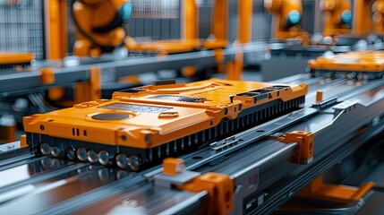 Fototapeta premium Orange Industrial Robot Arms Assemble EV Battery Pack on Automated Production Line