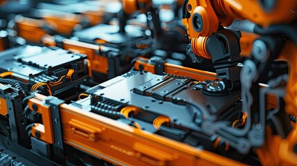 Fototapeta premium Orange Industrial Robot Arms Assemble EV Battery Pack on Automated Production Line