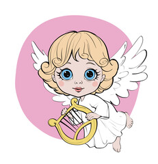 little angel with a harp flying