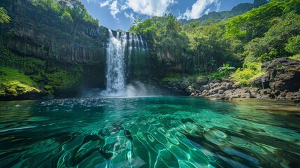 A majestic waterfall plunging into a crystal-clear pool, surrounded by lush greenery