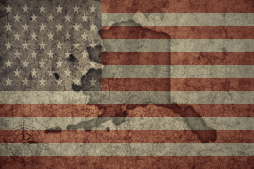 map of alaska state and flag of united states of america on a old vintage crack paper background .