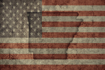 map of arkansas state and flag of united states of america on a old vintage crack paper background .