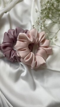 elastic bands for hair on white silk fabric