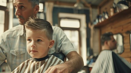 A young boy sits in a barber's chair, getting his hair cut by a man with a mustache. The boy is wearing a striped barber's cape, and the man is wearing a white shirt.