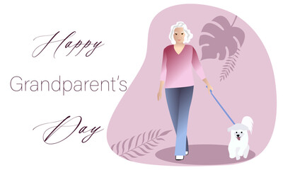 happy grantparent's day. Greeting card. elderly woman with white dog. Active life. Vector illustration