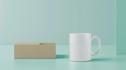 A plain white ceramic mug with a handle sits in front of a cardboard box with a window cut out to reveal the mug inside. The background is a solid, muted green color