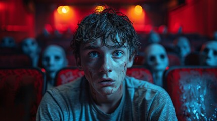 Young man sitting alone in a crowded cinema, looking terrified while watching a horror movie, surrounded by eerie figures in a suspenseful atmosphere