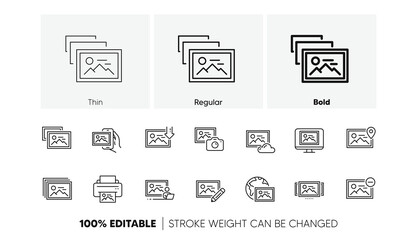 Download picture, Print image, Photo camera icons. Photo line icons. Edit image, Presentation and photo printer. Picture gallery carousel, placeholder pic. View portfolio. Line icons set. Vector