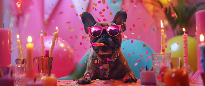 A cute dog wearing sunglasses and a party hat, sitting at a desk and celebrating a fun birthday party. The scene is filled with colorful decorations, candles, and a festive atmosphere
