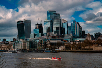 Fototapeta premium City Skyline London Bankside London Sights Tourist Spots UK Travel Skyscraper Financial Buildings Thames River Red Boat