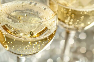 Bubbles are rising in glasses of champagne on a silver background with bokeh