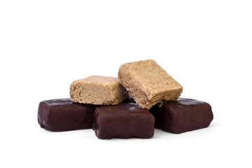Halva sweets in chocolate isolated on white background.