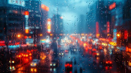 Fototapeta premium Raindrops trickle down a window, blurring city lights and cars on a rainy night, reflecting colorful traffic lights and creating a moody urban atmosphere with dark hues and vibrant colors
