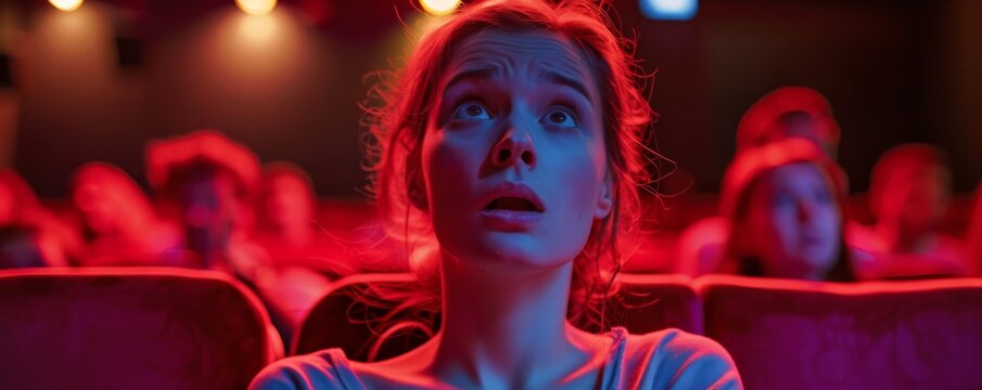 Scared woman watches a horror movie in a dark cinema, feeling intense fear as the thriller unfolds on the big screen