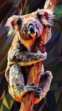 Vibrant geometric design with koala bear on eucalyptus branch, creating a modern and creative portrait in low poly style