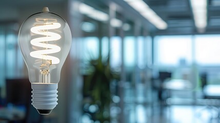 Energy efficient bulb lamp close up photo in blurred light modern office illuminating office space with copyspace
