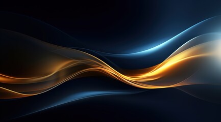 A background featuring an abstract design of dark blue hues intertwined with graceful golden wavy lines and curves.