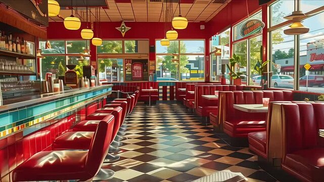 Retro cafe, american diner interior with tables, red sofas