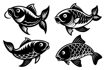 Cute fish carp logo set with different designs silhouette black vector art illustration