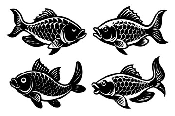 Cute fish carp logo set with different designs silhouette black vector art illustration