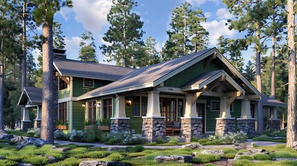 Newly constructed Craftsman style home in forest green with stone pillars, located in a serene suburban area with tall trees