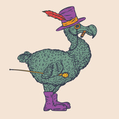 Dodo bird in hat with feather, monocle, cigar and boots in hand drawn style. Sketch fantasy character for print. Engraved vector illustration. © vvvisual