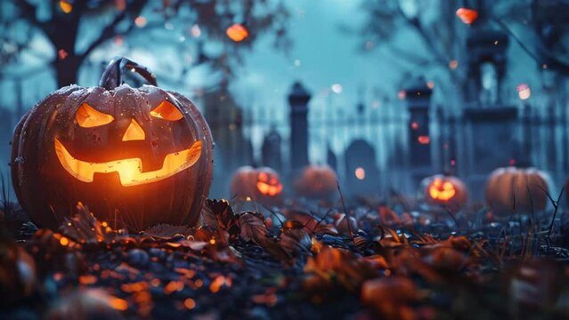 Halloween background concept, pumpkins on the background of a cemetery, atmospheric