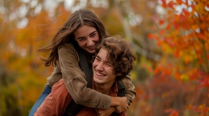 Fototapeta premium Young couple happy lifestyle together on autumn foliage season at outdoor.