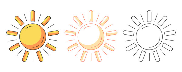 Sun with rays, colorful and line icons set. Summertime, seasonal holiday and vacation concept. Vector outline icon, monochrome and color illustration. For logo, sticker, coloring book, label
