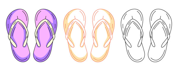 Summer beach flip flops, colorful and line icons set. Seasonal shoes, travel and vacation concept, vector outline icon, monochrome and color illustration. For logo, sticker, coloring book, label