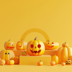 Jack O'Lantern pumpkins and cute Halloween decorations in yellow color tone with copy space for text. Volume 13. Square aspect ratio.