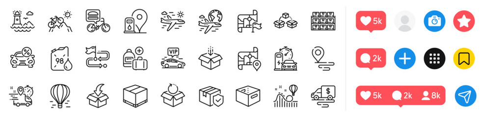 Petrol station, International flight and Charging station line icons pack. Social media icons. Car leasing, Vip transfer, Lighthouse web icon. Airplane travel, Get box, Add handbag pictogram. Vector
