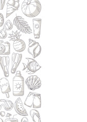 Summer minimalist vertical a4 poster, monochrome gray beach elements, accessories icons. Left side border frame, copy space, isolated on white. For card, banner, invitation, social media, planner