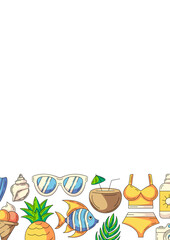 Summer vertical a4 poster, colorful beach elements, accessories icons. Bottom border frame, copy space, isolated on white. For card, banner, invitation, social media, planner, party or event