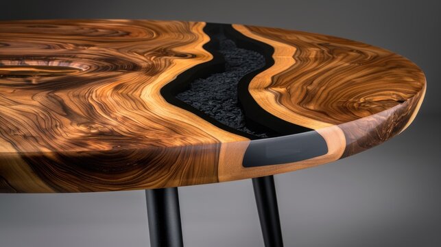 A close-up of a wooden table top with a black epoxy river running through it