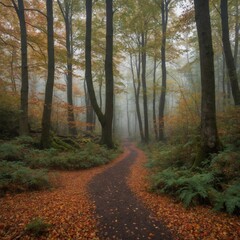 Obraz premium Winding path covered in fallen autumn leaves leads through dense forest with tall trees. Trees have mix of green, orange leaves, indicating transition from summer to fall.