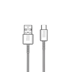 Charging cable, wires with type-c and USB-A ports, contour vector black and white images. charging cable. concept of connection, tech, cell phone accessories, recharge, data transmission.